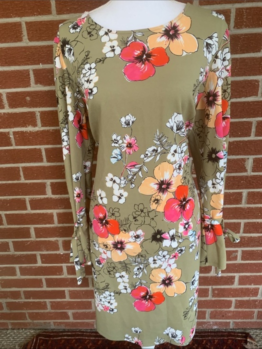 Nine West Olive Green Floral Long Sleeve Dress